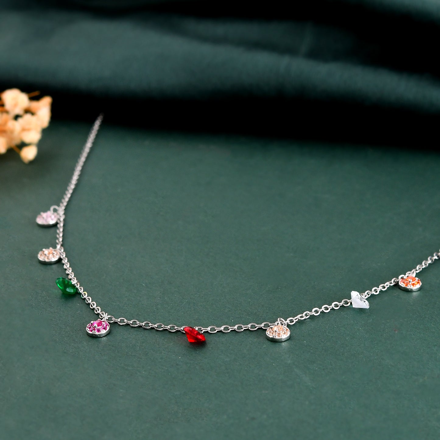 Rainbow Crystal Drop Necklace | Sterling-Silver Charm Choker with Multicolor Birthstone Cubic Zirconia