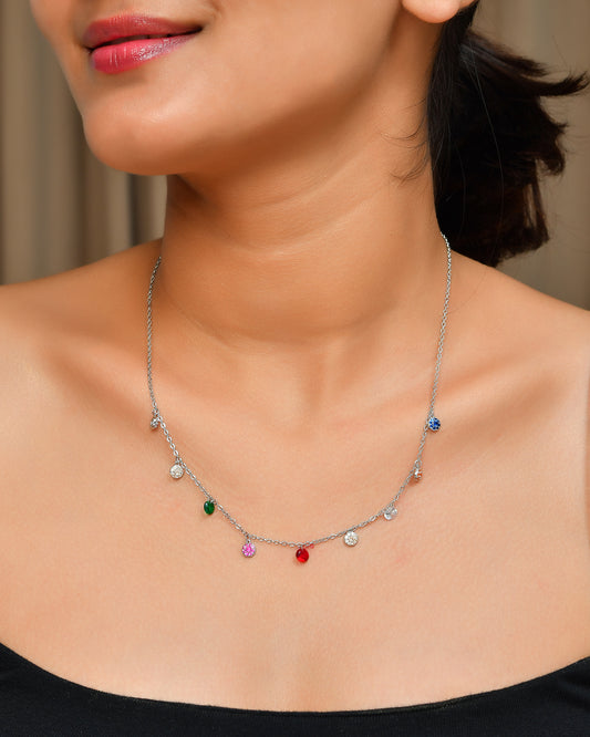 Rainbow Crystal Drop Necklace | Sterling-Silver Charm Choker with Multicolor Birthstone Cubic Zirconia