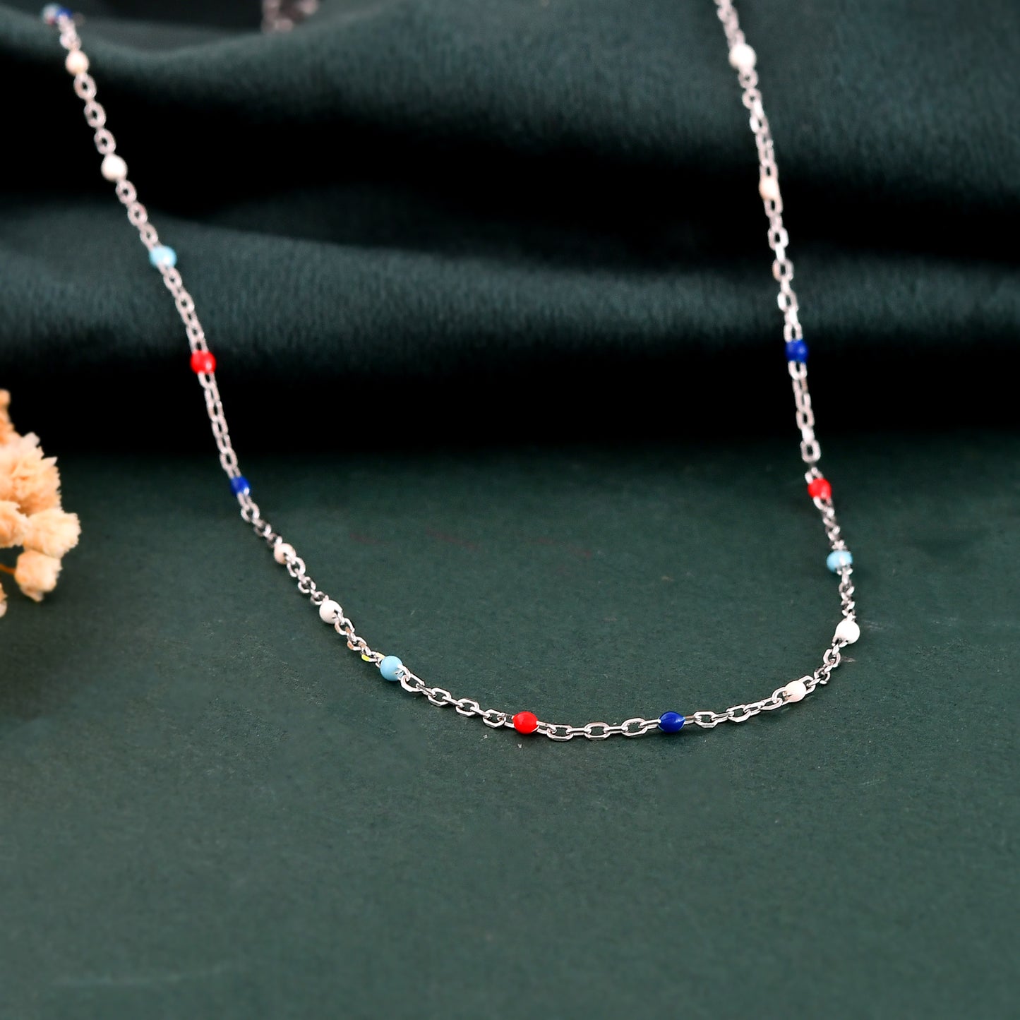 Patriotic Multicolor Seed-Bead Necklace | Sterling-Silver Dainty Red-White-Blue Chain