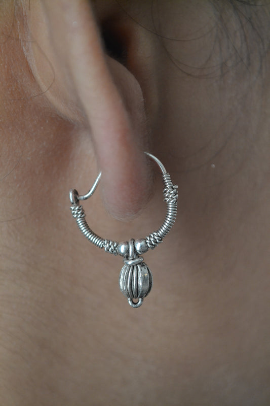 Rustic Tribal Hoop Earring with Silver Drop Bead
