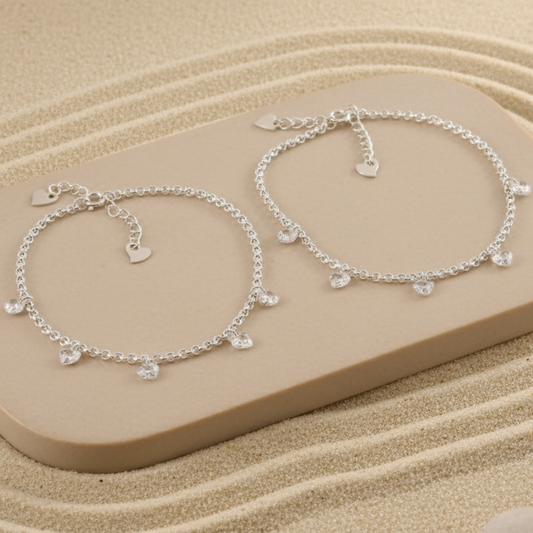 Sterling Silver Anklet with Crystal Heart Charms – Dainty Adjustable Foot Jewelry