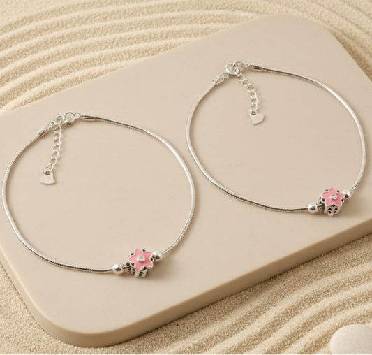 925 Silver Adjustable Anklet with Pink Flower Charm – Handmade Cute Summer Jewelry