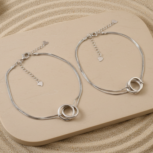 925 Silver Double Chain Anklet with Interlocking Circle Charms – Minimalist Adjustable Jewelry
