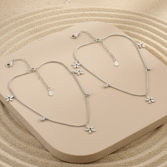 Silver Floral Charm Anklet | Dainty Flower Anklet | Adjustable Sterling Silver Jewelry