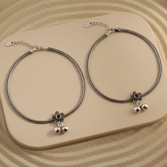 Oxidized 925 Silver Floral Anklet with Black Stone & Ghungroo Charms