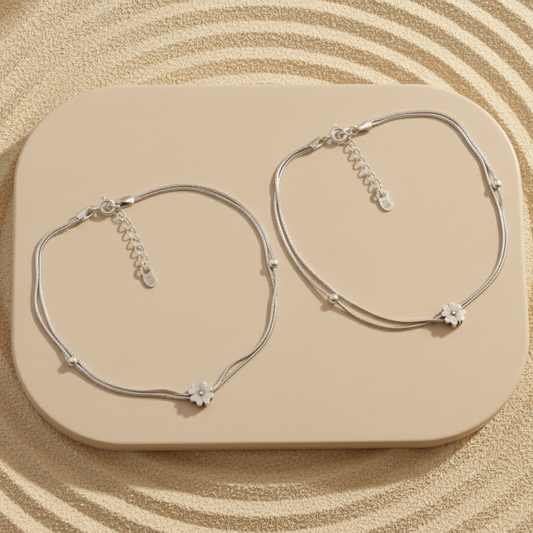Sterling Silver Double Chain Anklet with Floral Charm – Adjustable Women’s Payal