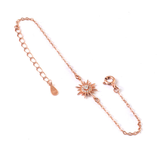 Rose Gold Sun Charm Bracelet with CZ Stone – Dainty Adjustable Chain Bracelet for Women