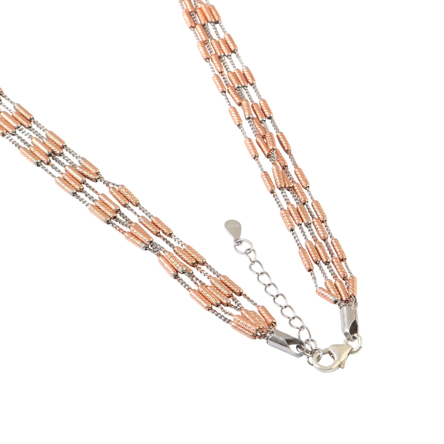 925 Silver Multi Strand Necklace with Textured Rose Gold Beads