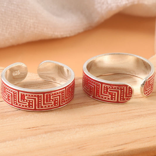 925 Silver Adjustable Toe Rings with Red Enamel Pattern – Handmade Ethnic Foot Jewelry