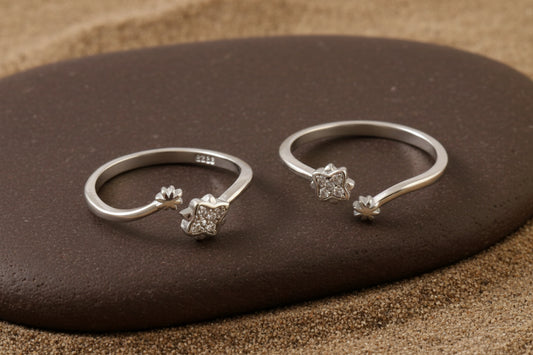925 Silver Adjustable Ring with Clear Cubic Zirconia Stones – Handmade Minimalist Jewelry