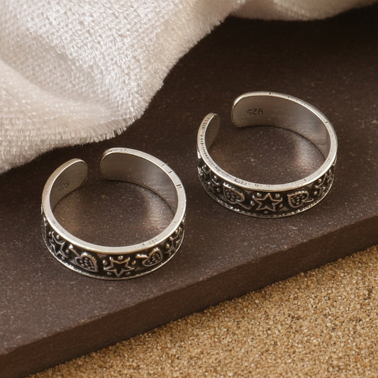 925 Silver Adjustable Toe Ring with Star, Heart & Moon Design – Handmade Boho Jewelry