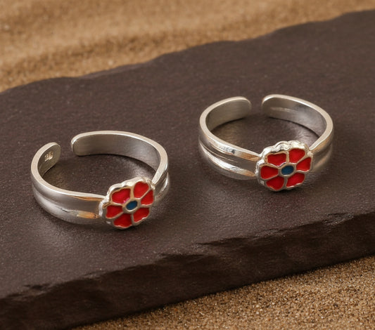 Red Enamel Flower Toe Ring in 925 Sterling Silver | Adjustable Toe Ring Jewelry