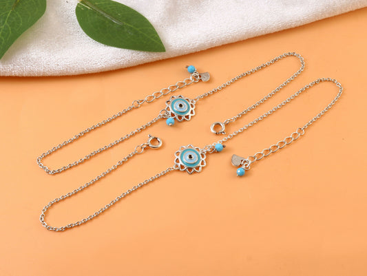 925 Silver Adjustable Evil Eye Anklet with Blue Enamel – Handmade Protection Jewelry