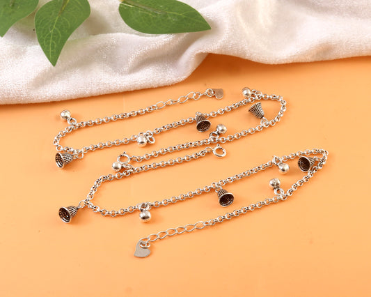 925 Silver Anklet with Bell & Basket Charms | Handmade Oxidized Silver Payal for Women & Girls