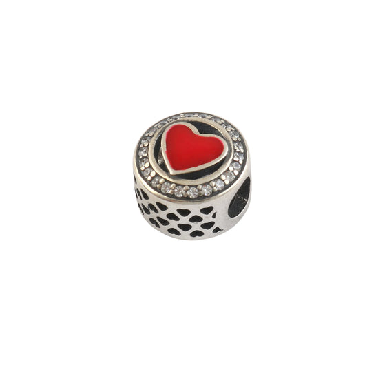 925 Sterling Silver Red Heart Charm with CZ Halo – Love Bead for Charm Bracelet