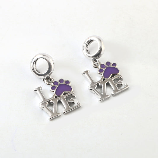 Sterling Silver “LOVE” Paw Print Dangle Charm with Purple Enamel