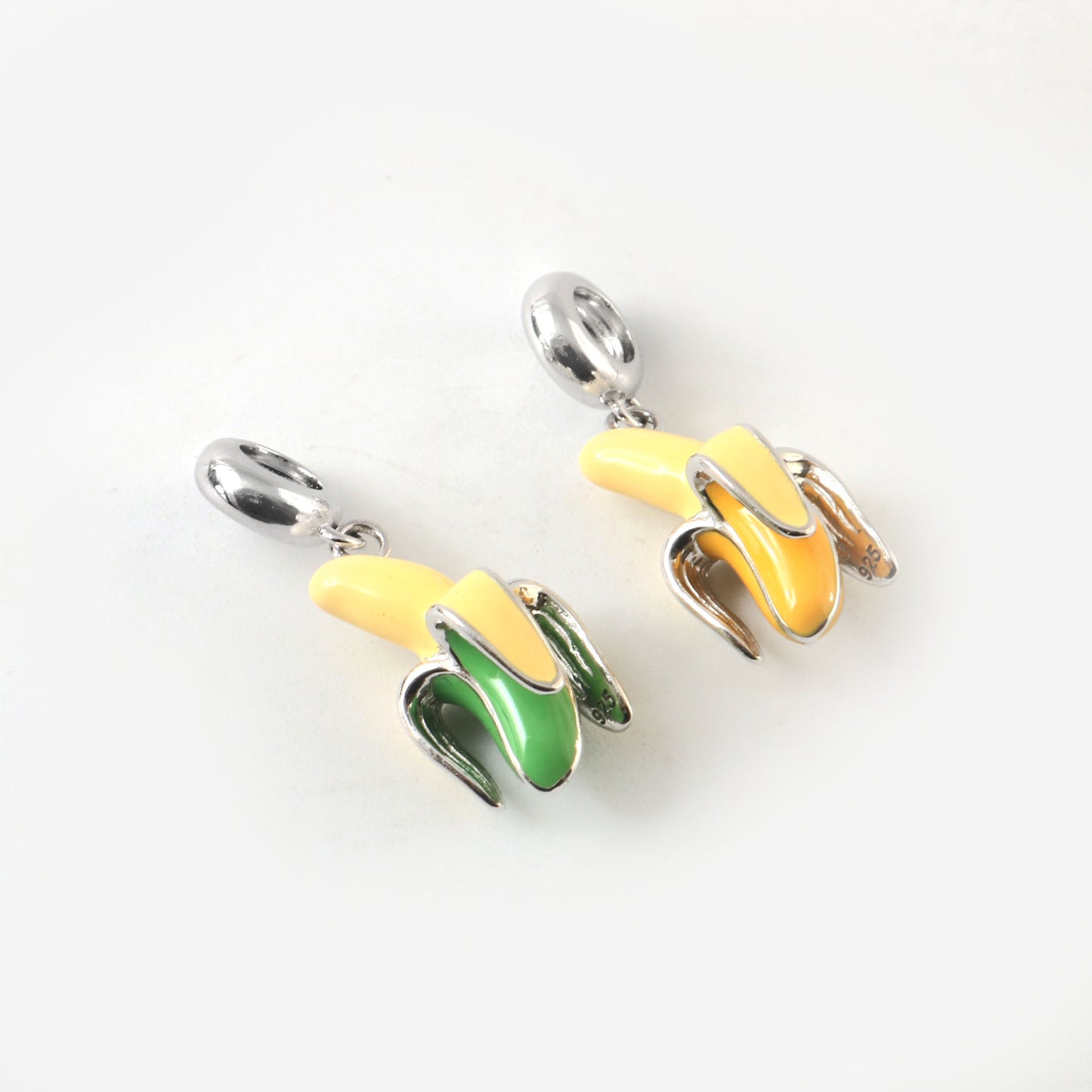 Sterling Silver Banana Charm Pendant with Yellow and Green Enamel – 925 Silver Fruit Jewelry