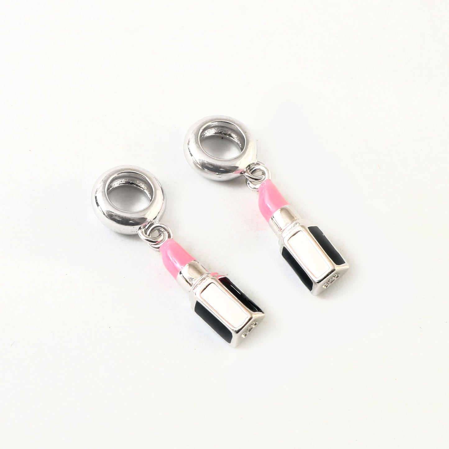 Pink Lipstick Charm in 925 Silver with Black Enamel