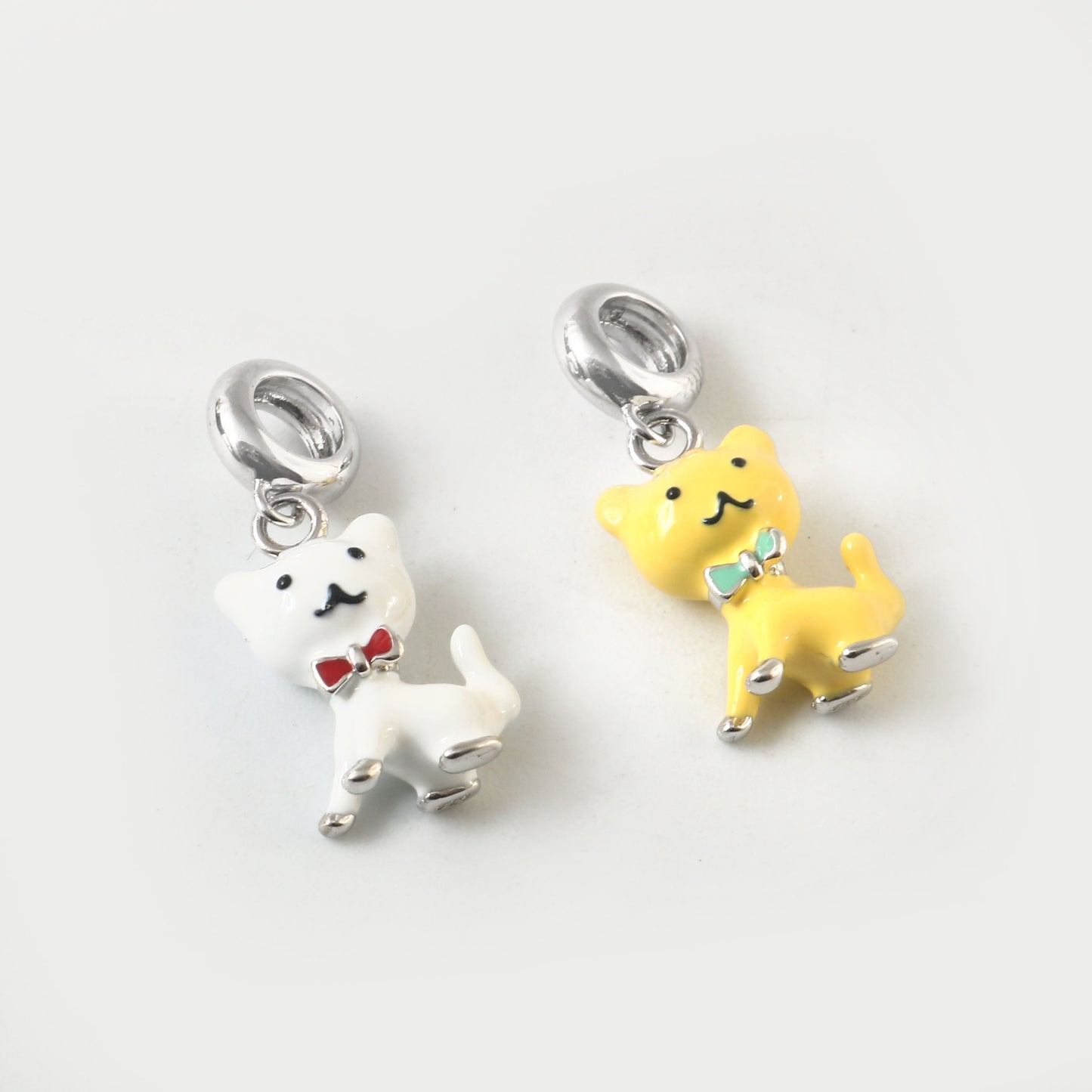 Yellow Cat Charm Pendant in Sterling Silver with Enamel Bow Tie – Cute Cat Jewelry Accessory