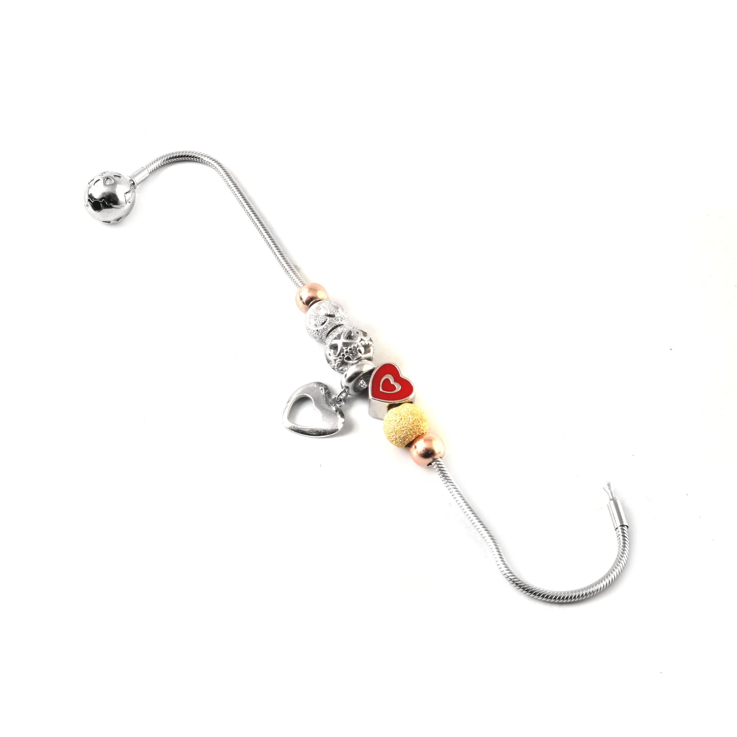 Scarlet Heart Sterling-Silver Snake-Chain Bracelet | Mixed-Metal Stardust & Open-Heart Charm