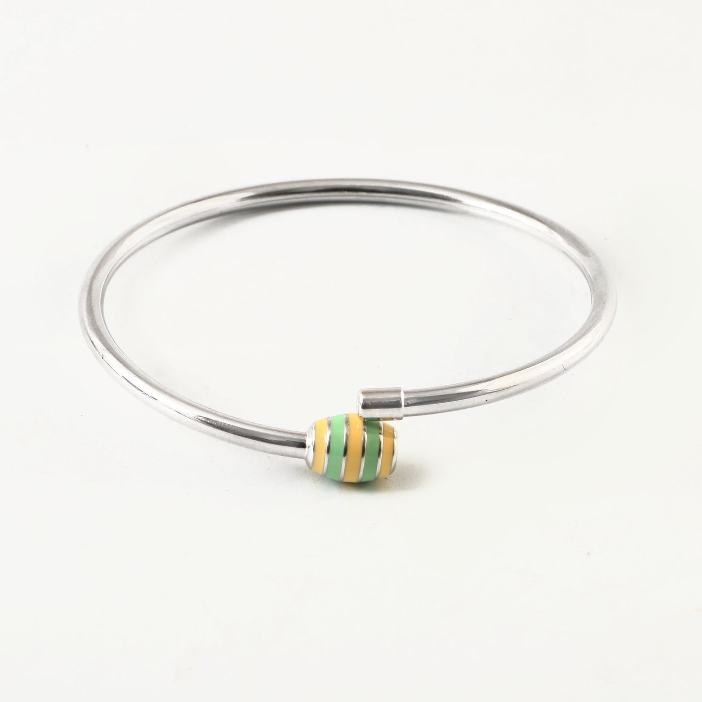 Sterling Silver Charm Bracelet Bangle with Yellow & Green Striped Enamel Charm Mechanism