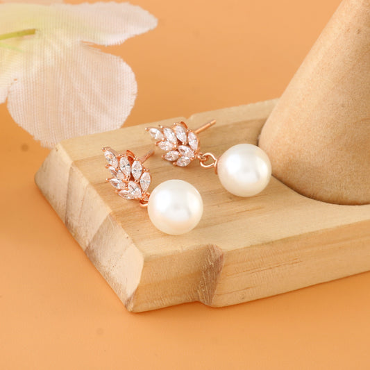 Rose Gold Pearl Drop Earrings – CZ Leaf Studs with Classic White Pearls