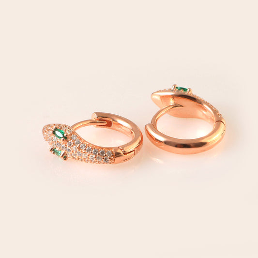 Rose Gold Snake Huggie Earrings – Green CZ Eyes Pavé Hoop Earrings for Women