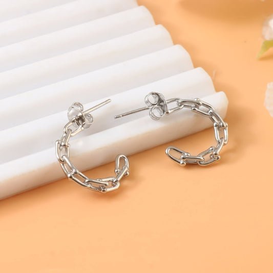 Sterling Silver Chain-Link Hoop Earrings – Minimal Geometric Stud Hoops for Women