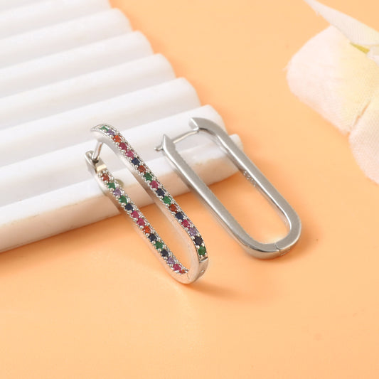 Silver Rainbow Gemstone Hoop Earrings – Rectangular Multicolor CZ Huggie Hoops for Women