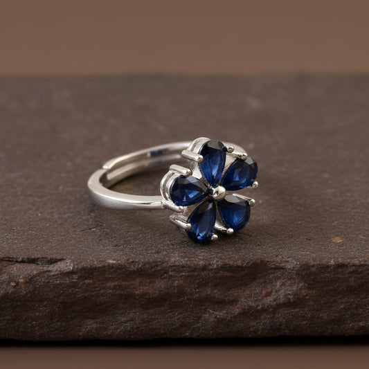 925 Silver Blue Sapphire Flower Ring | Petal Design Adjustable Sterling Silver Ring for Women