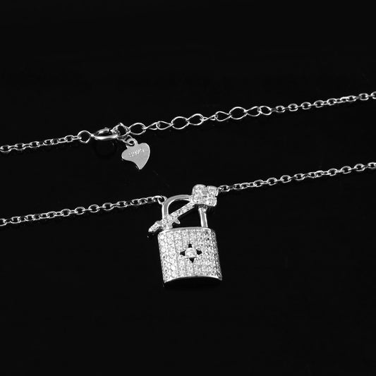 Lock & Key CZ Silver Pendant Necklace