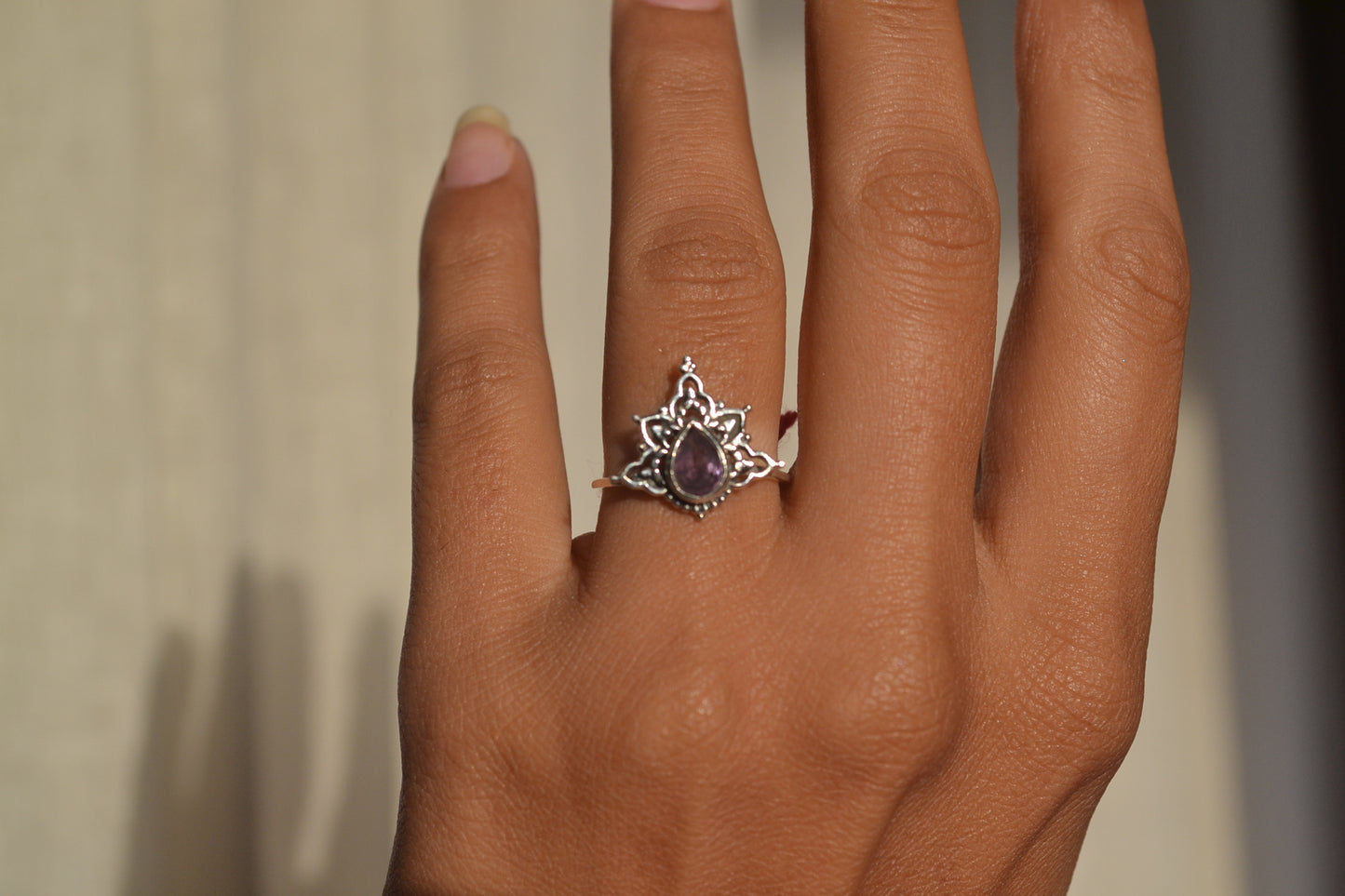 Boho Garnet Teardrop Ring in 925 Silver – Lotus Filigree Adjustable Statement Ring
