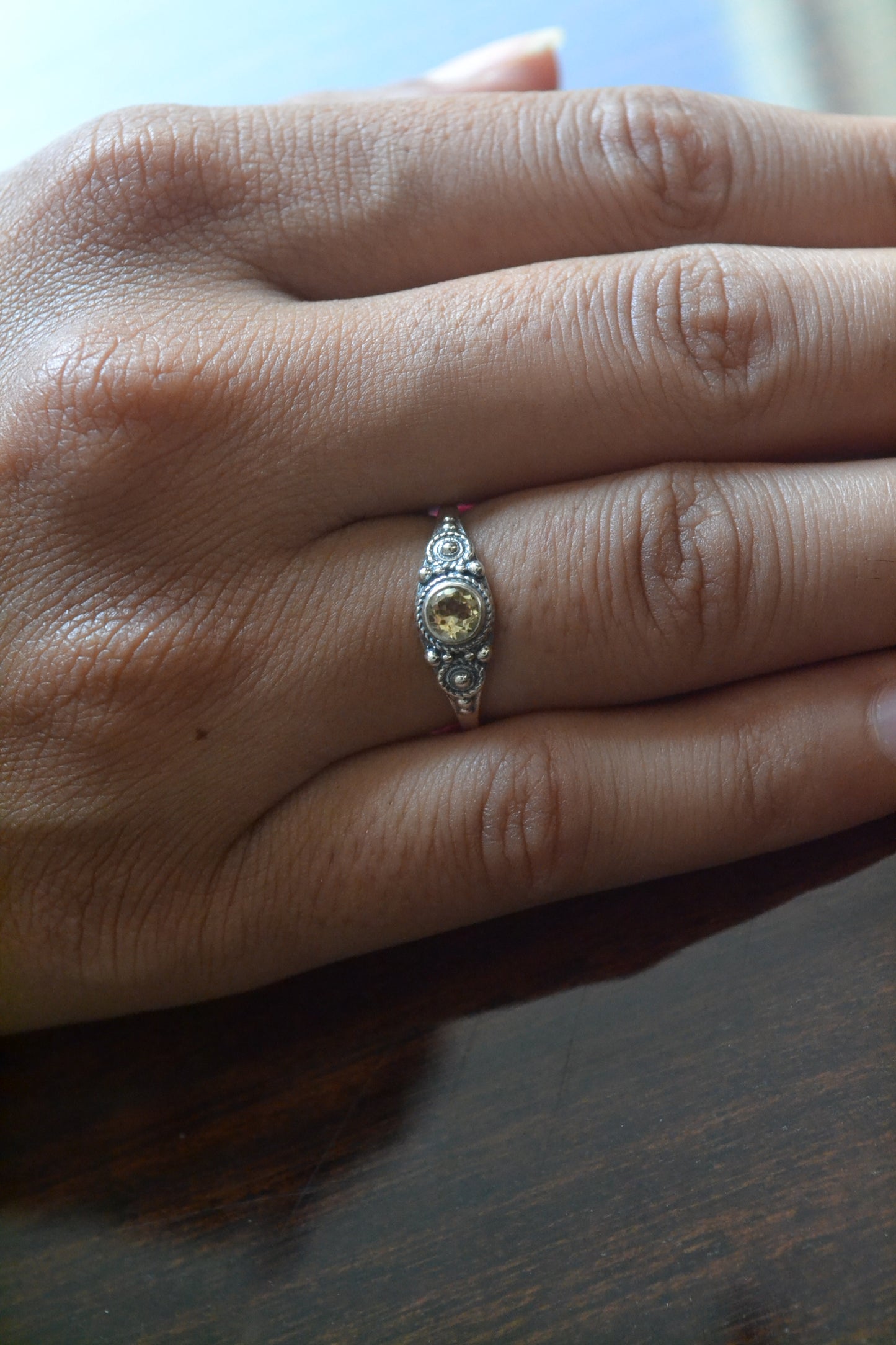 Citrine Oval Ring in 925 Silver – Engraved Floral Gemstone Ring for Women
