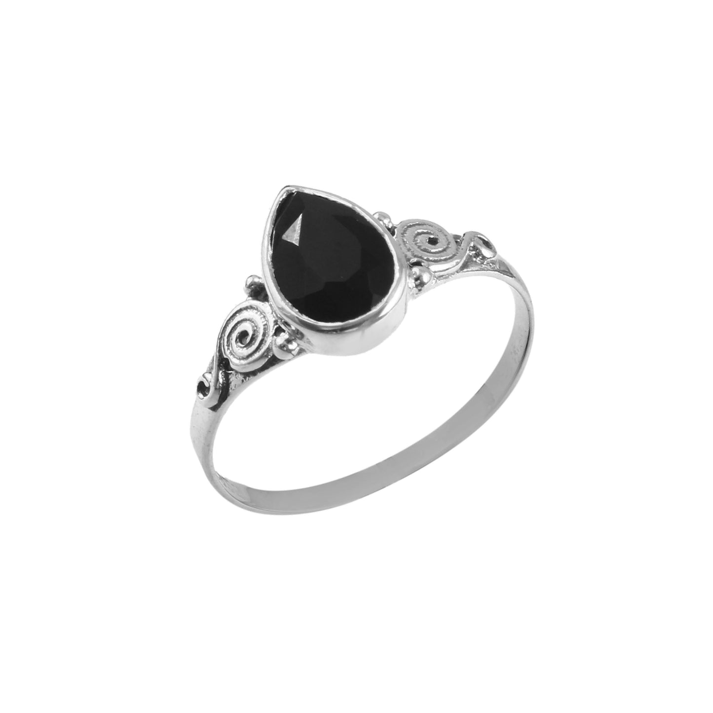 Teardrop Black Onyx Ring with Vintage Scroll Detailing