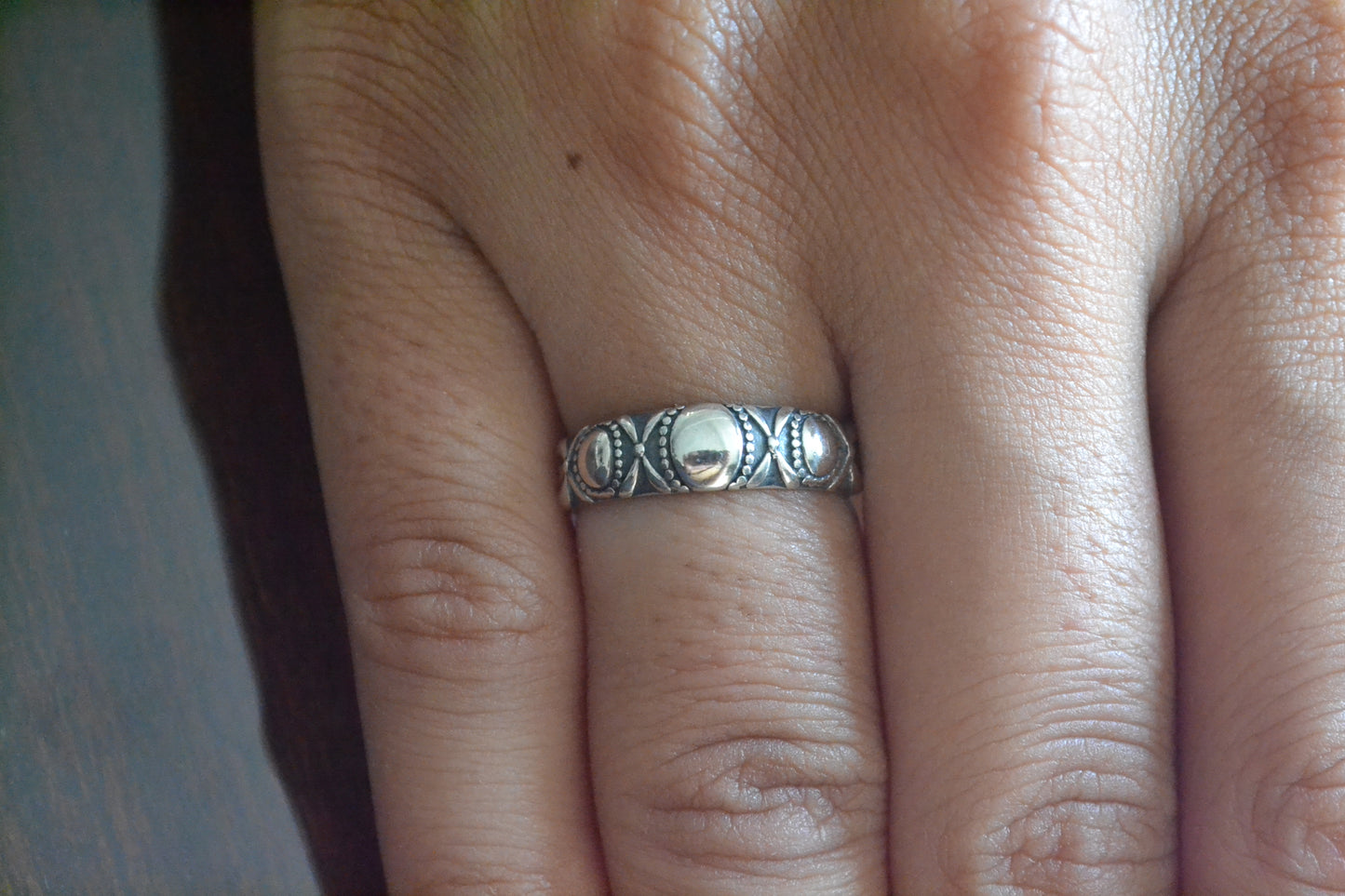 Oxidized Sterling Silver Band Ring with Tribal Pattern