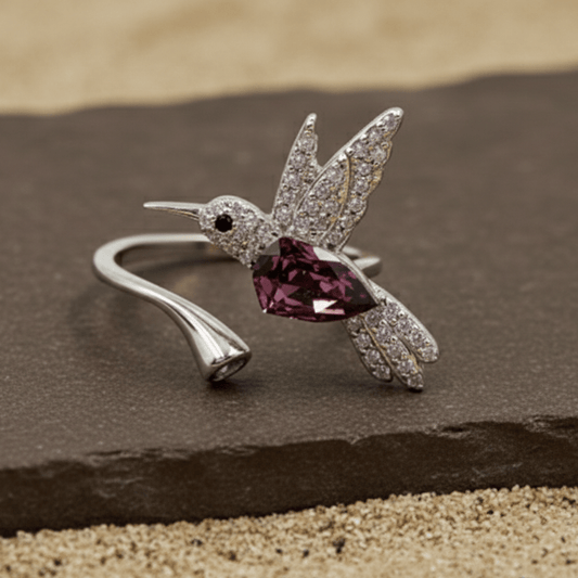 Amethyst Hummingbird Sparkle Silver Ring - Zirak Silver