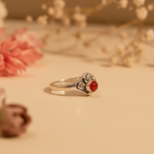 Bindu Red Stone Vintage Ring - Zirak Silver