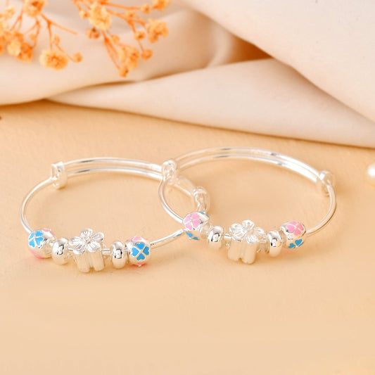 Blossom - Mosaic Sterling - Silver Baby Bangle Set | Adjustable Kada with Pink - Blue Enamel Beads - Zirak Silver