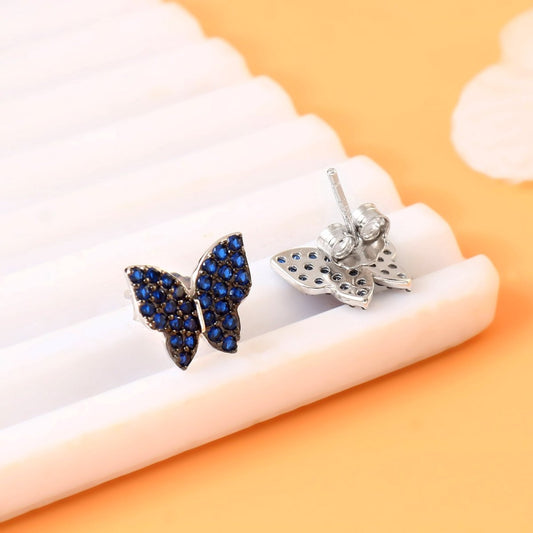 Blue Butterfly Stud Earrings – Sapphire CZ Stones | 925 Sterling Silver Butterfly Earrings - Zirak Silver