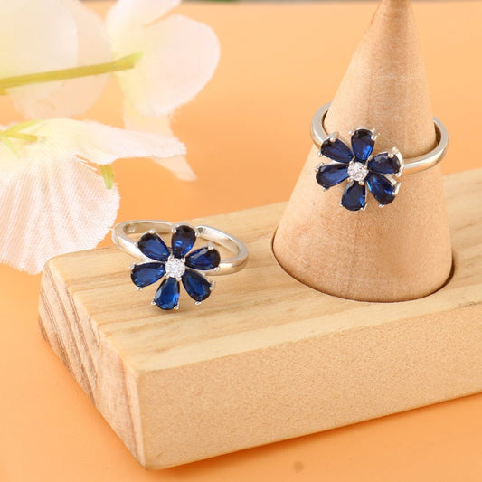 Blue Flower Silver Toe Ring | 925 Sterling Silver Adjustable Floral Toe Ring for Women - Zirak Silver