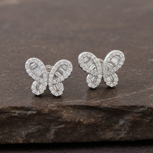 Butterfly Silver Stud Earrings – Sparkling CZ Baguette Butterfly Earrings for Women - Zirak Silver