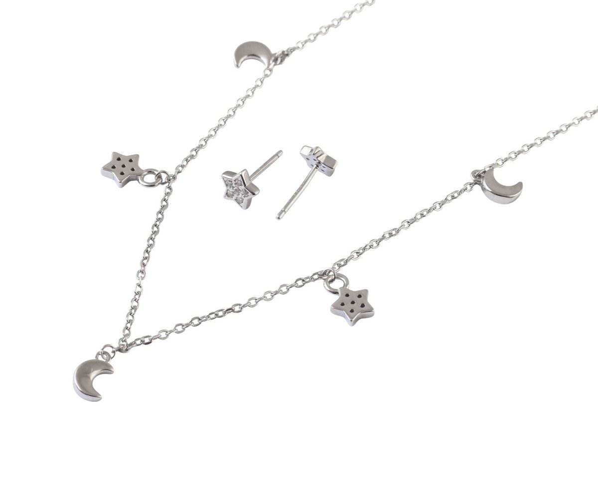 Celestial Star & Moon Silver Necklace with Matching Stud Earrings Set - Zirak Silver