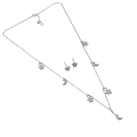 Celestial Star & Moon Silver Necklace with Matching Stud Earrings Set - Zirak Silver