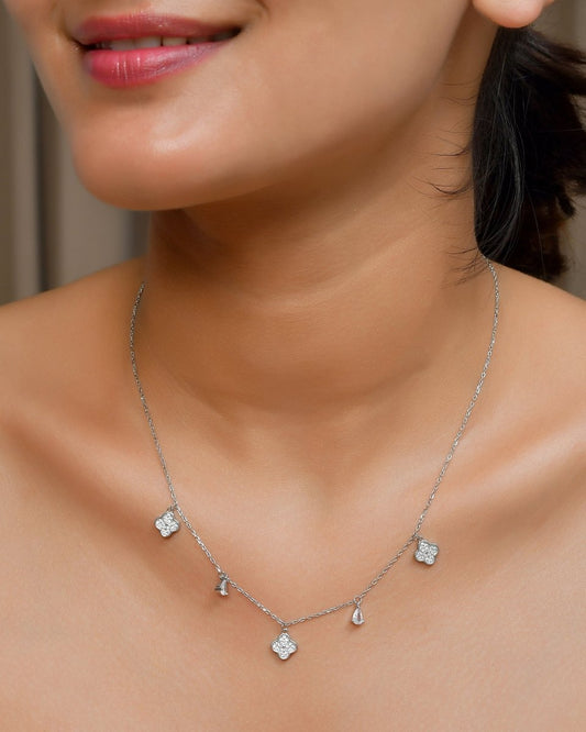 Clover & Teardrop CZ Charm Necklace – Dainty Sterling Silver Choker - Zirak Silver