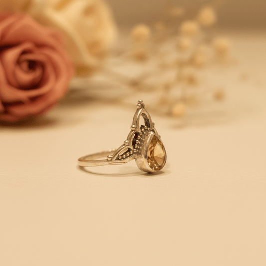 Diya Yellow Teardrop Crown Ring - Zirak Silver
