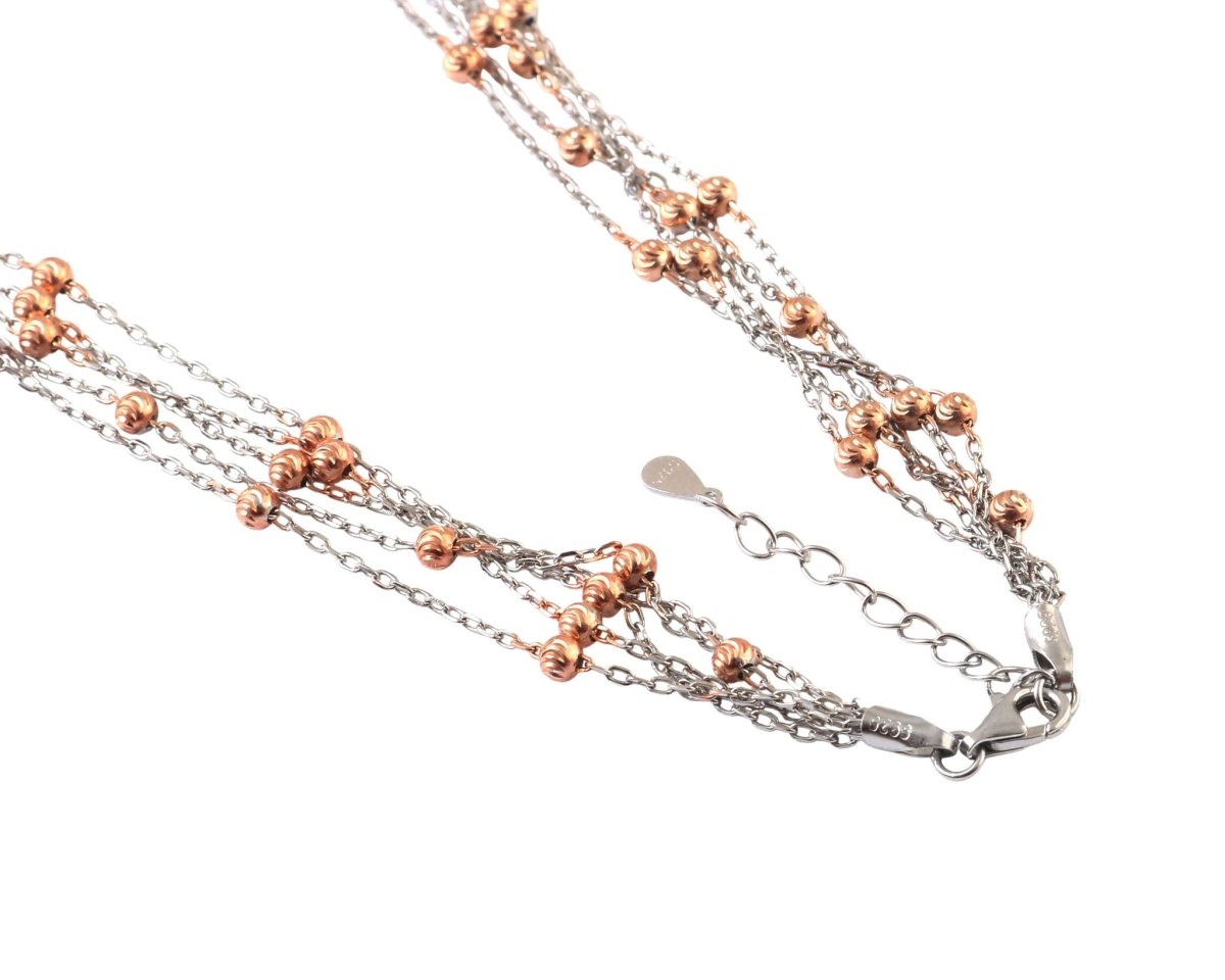 Dual Tone Multi - Layer Silver Beaded Necklace with Rose Gold Accents - Zirak Silver