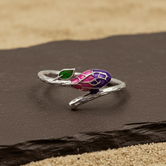 Enamel Blossom Wrap Ring – Purple & Pink Floral Silver Band - Zirak Silver