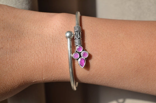 Gulaabi Bracelet – Oxidised 925 Silver Pink Floral Zircon Cuff Bracelet - Zirak Silver