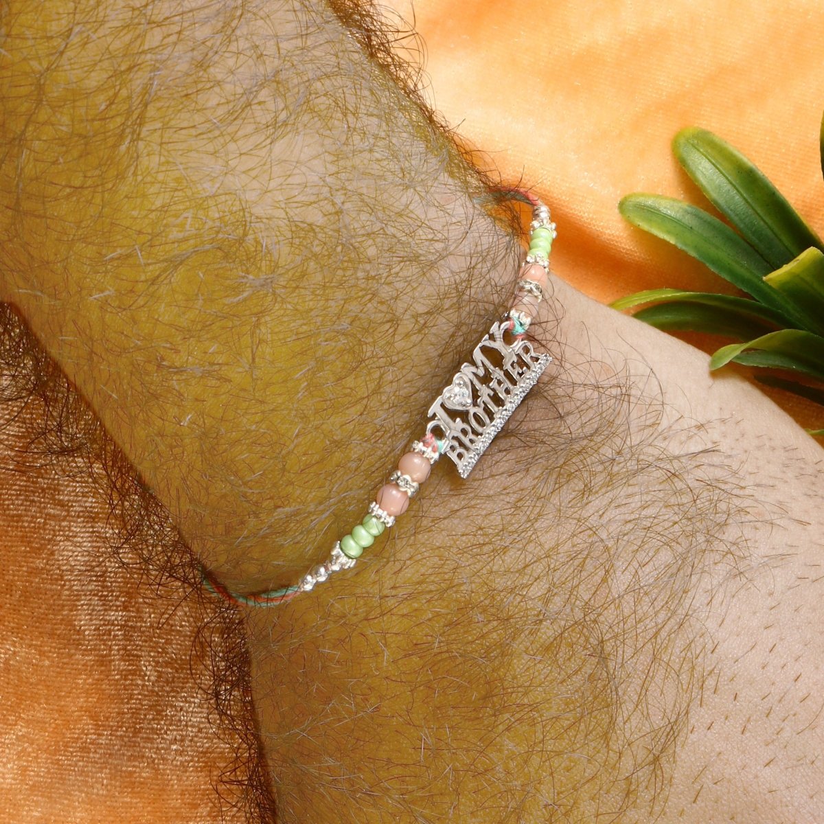 I Love My Brother Rakhi | Silver-Toned Text Rakhi with Heart Accent | Designer Beaded Thread Rakhi for Brother - Zirak Silver