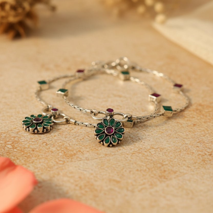Kamala Oxidized Floral Anklets - Zirak Silver
